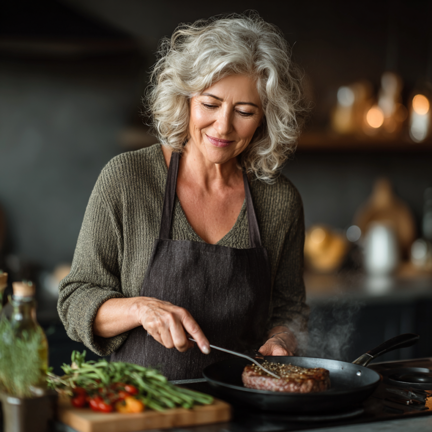 Літня жінка готує здорову їжу на кухні